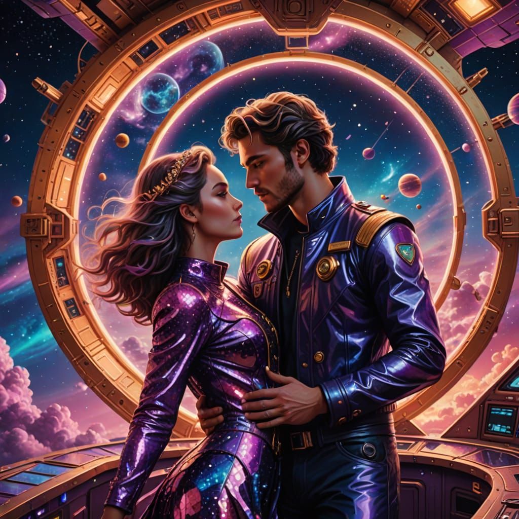 Baroque Pop Art Fantasy: Glittering Couple in Heart-Shaped S...