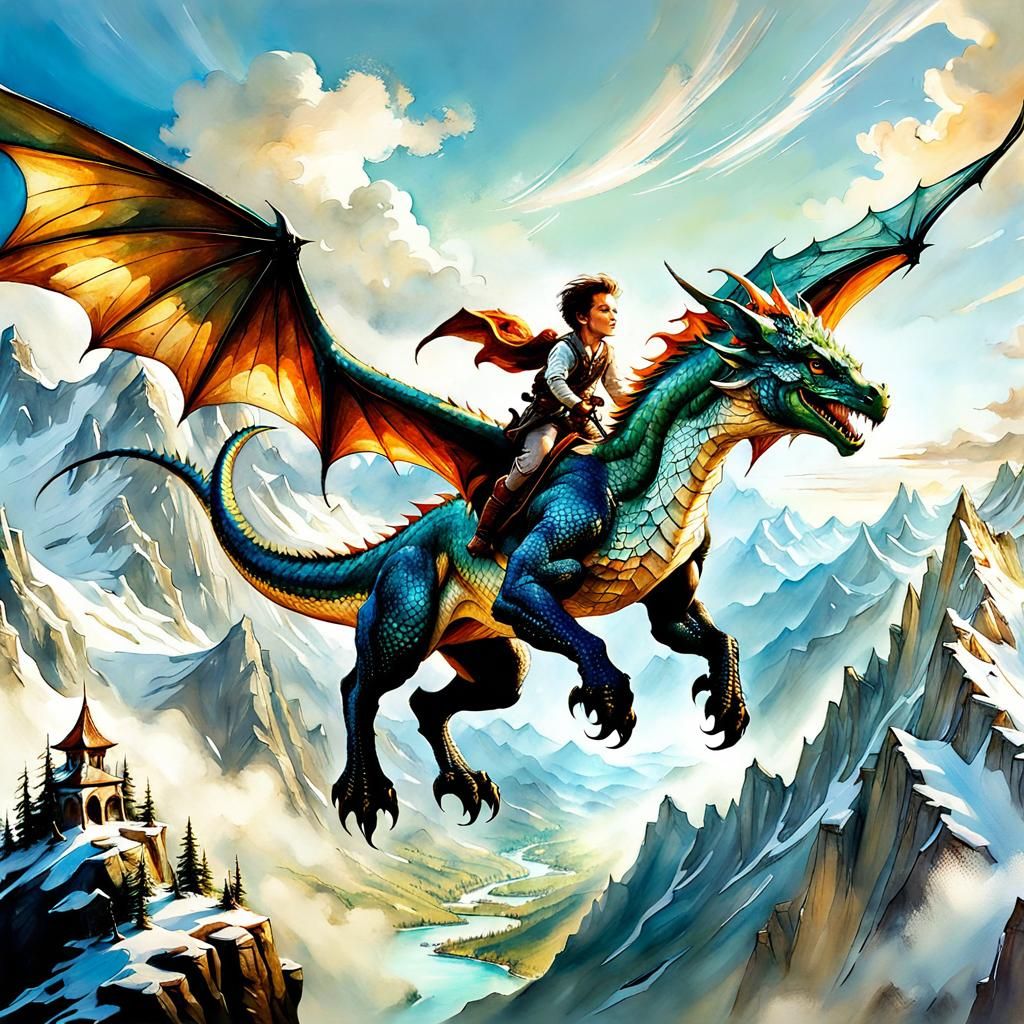 A boy and a wyvern going for an aerial ride
