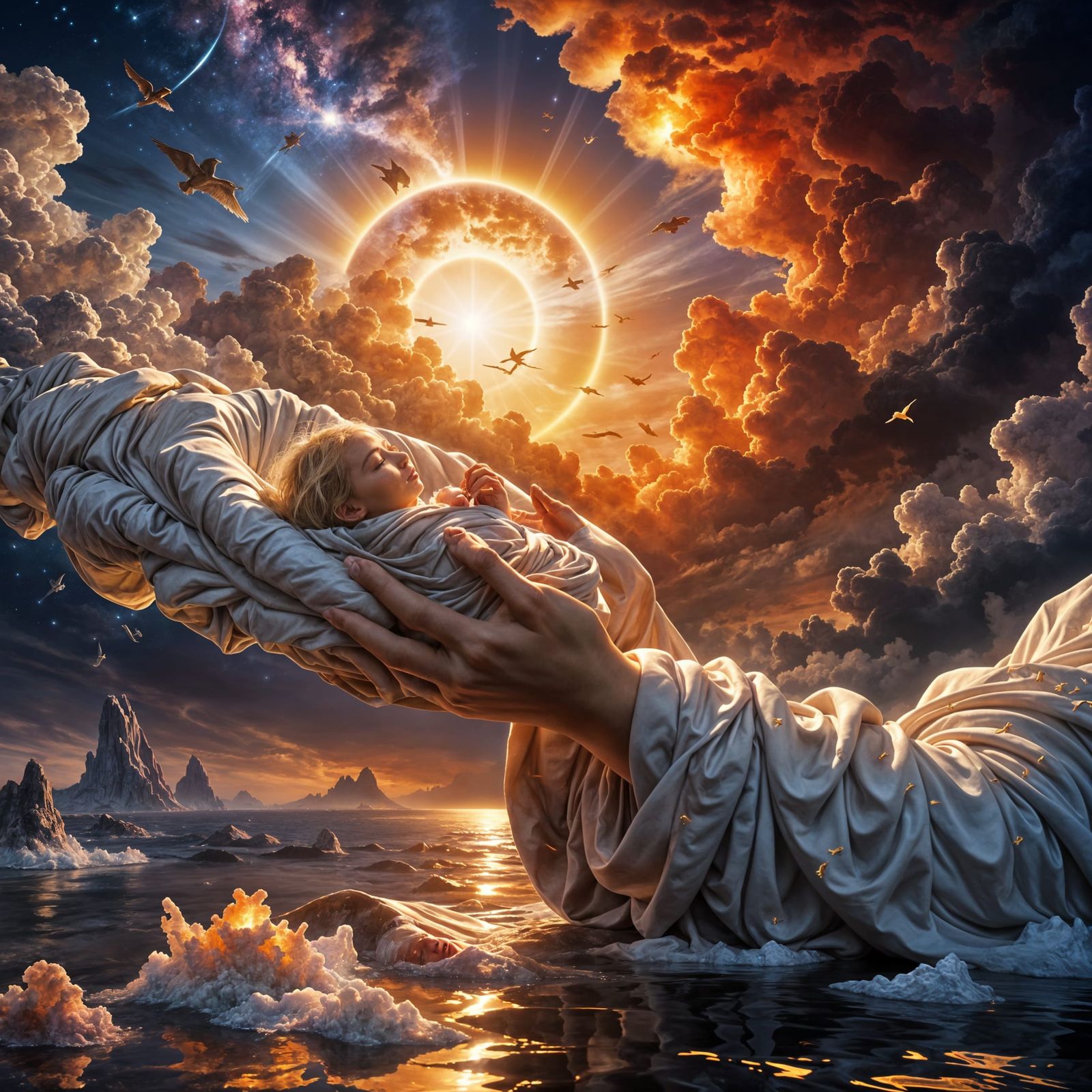 Divine Stone Hand Protects Sleeping Baby in Epic Sky