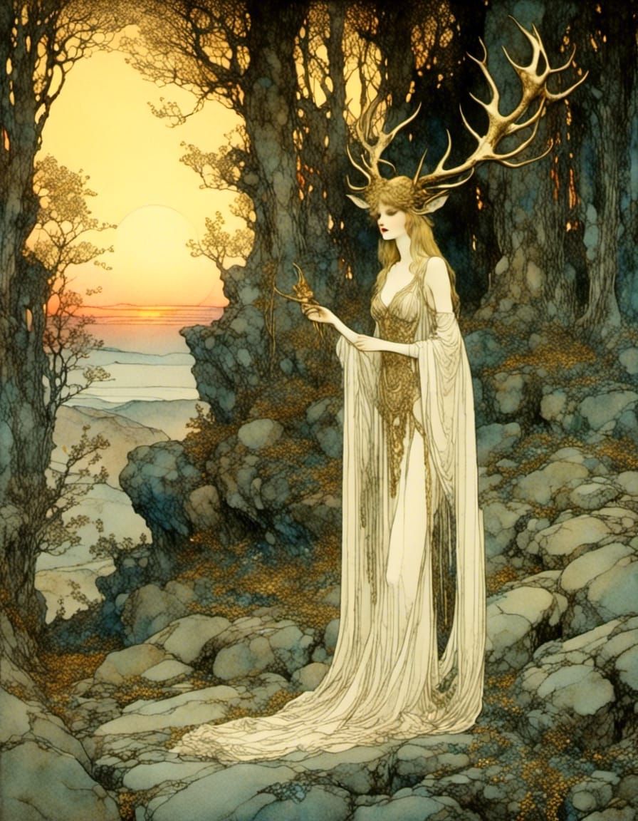 Stag Antlered Woman in Art Nouveau Style