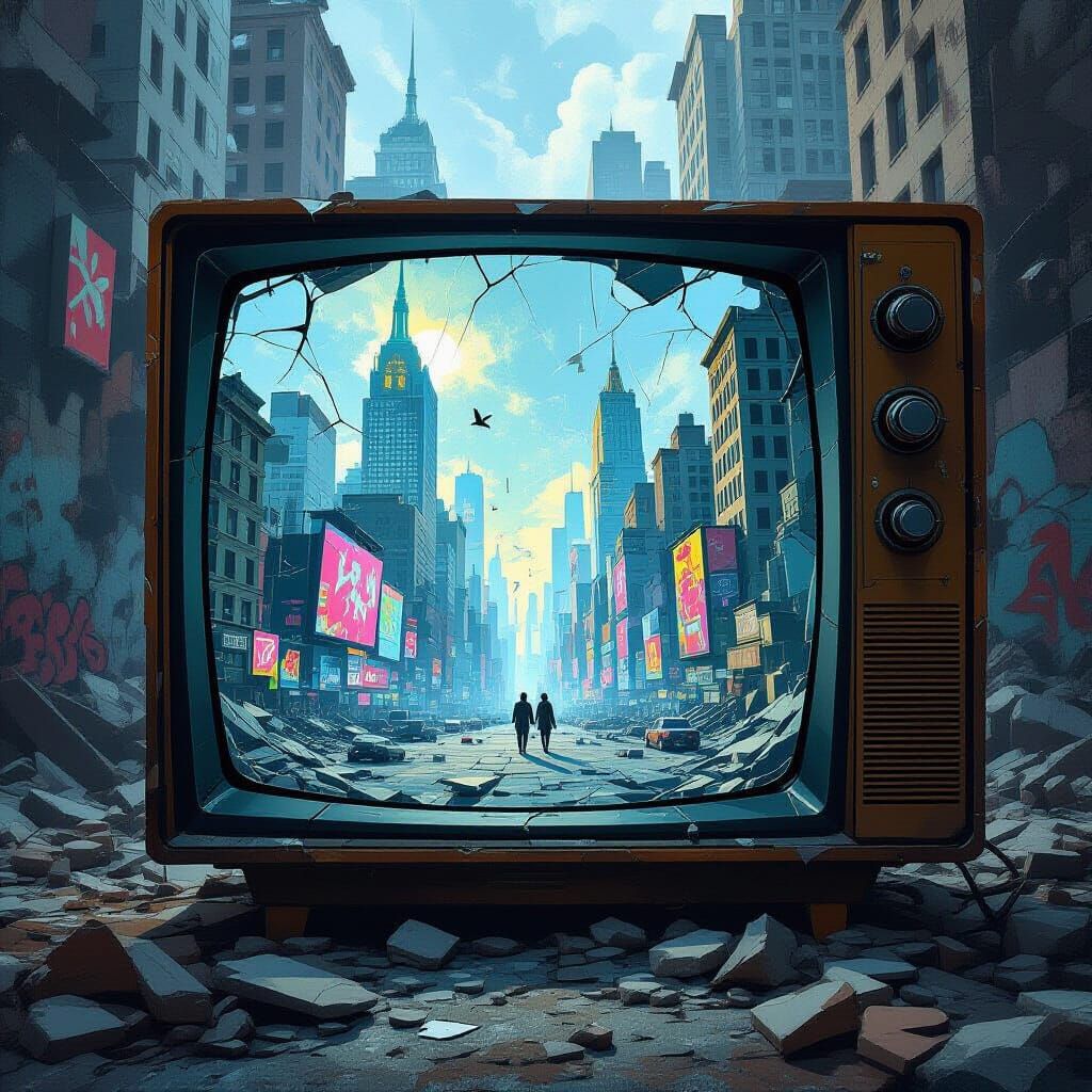 Cubist Cityscape Through Broken TV Screen