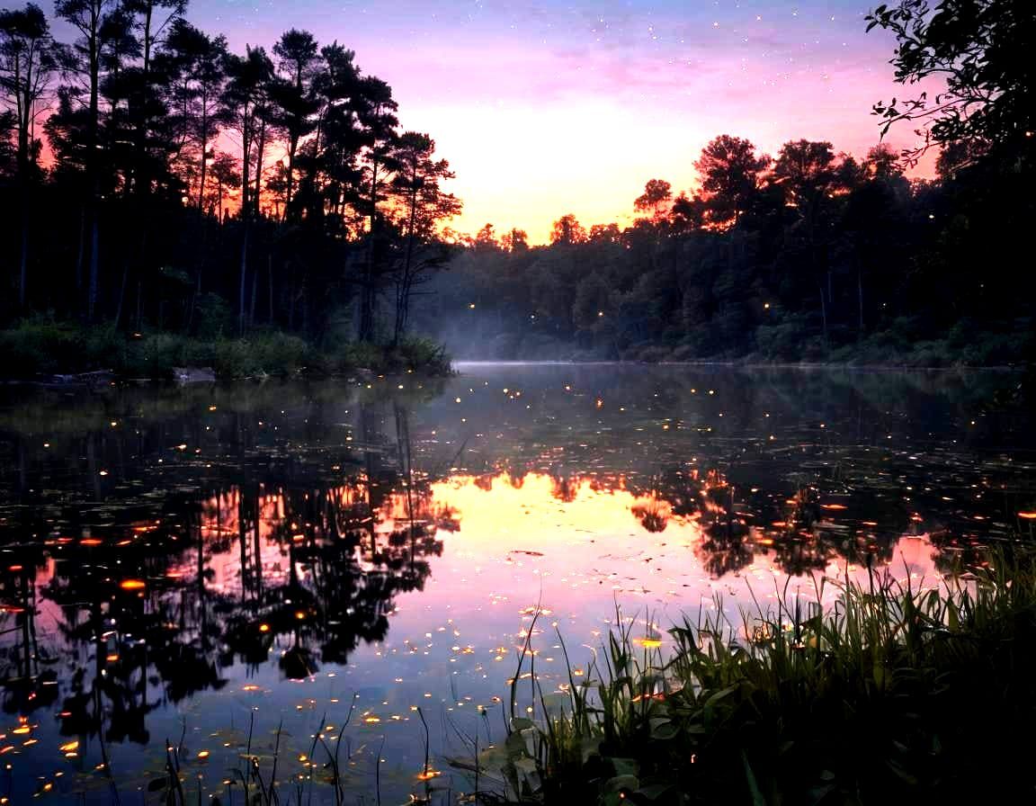 Enchanting Firefly Lake at Twilight, Acrylic Art