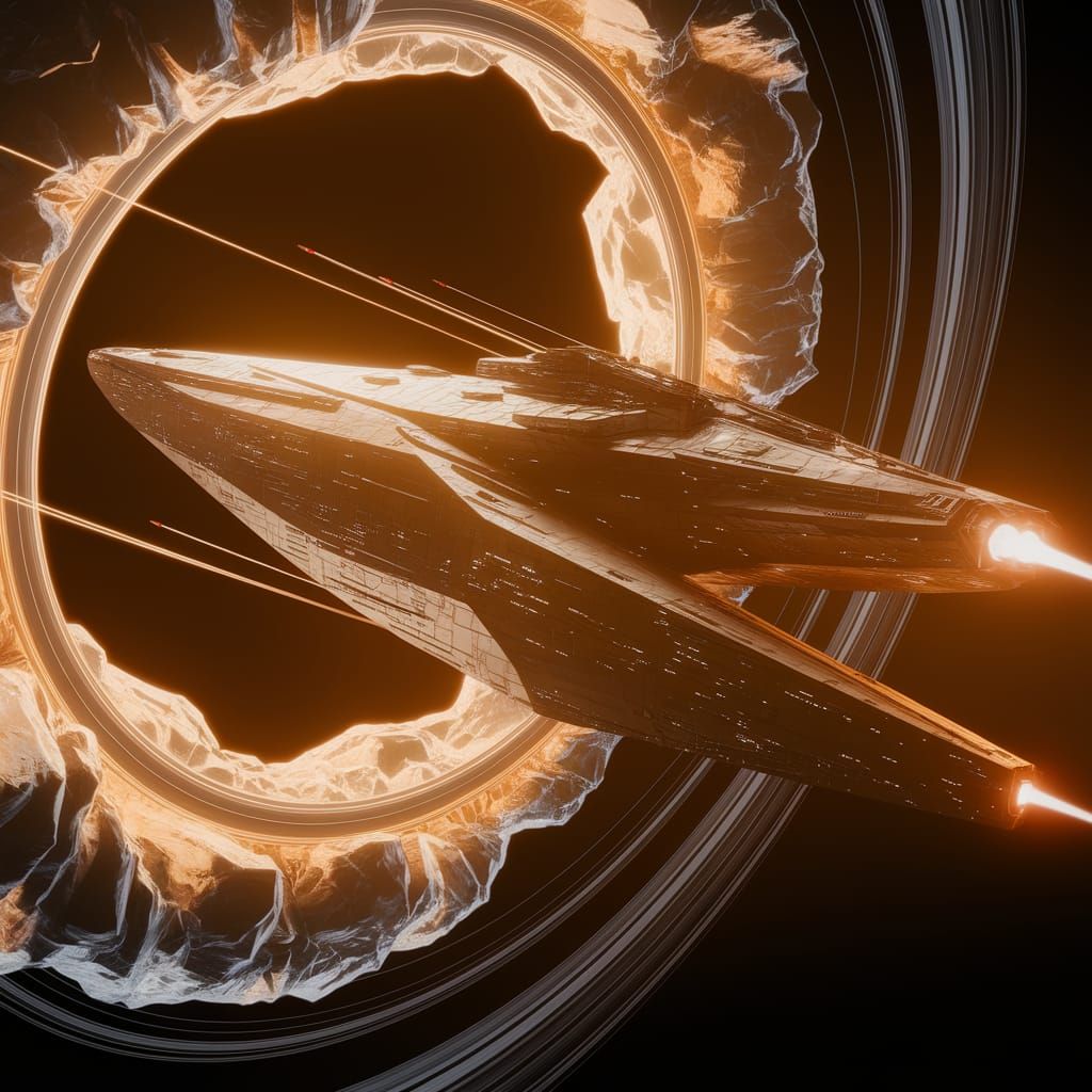 Starship entering the jump gate in a scene from Tail of a So...