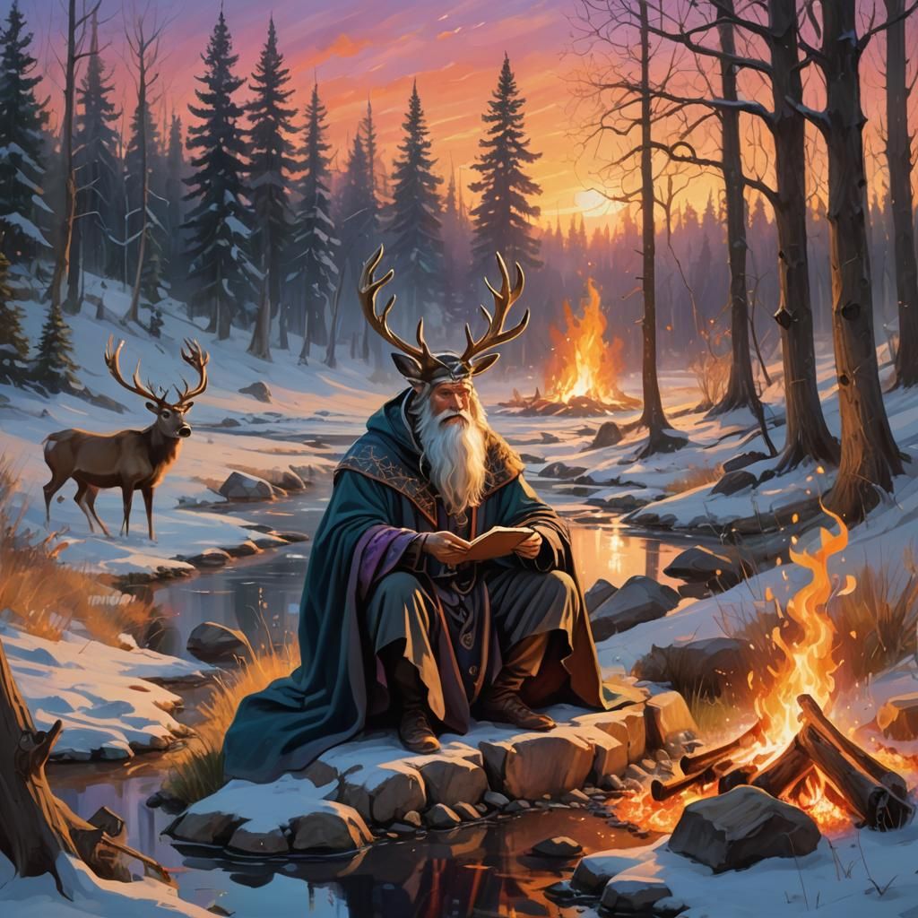 Wizard by Campfire in Vibrant Oil Painting