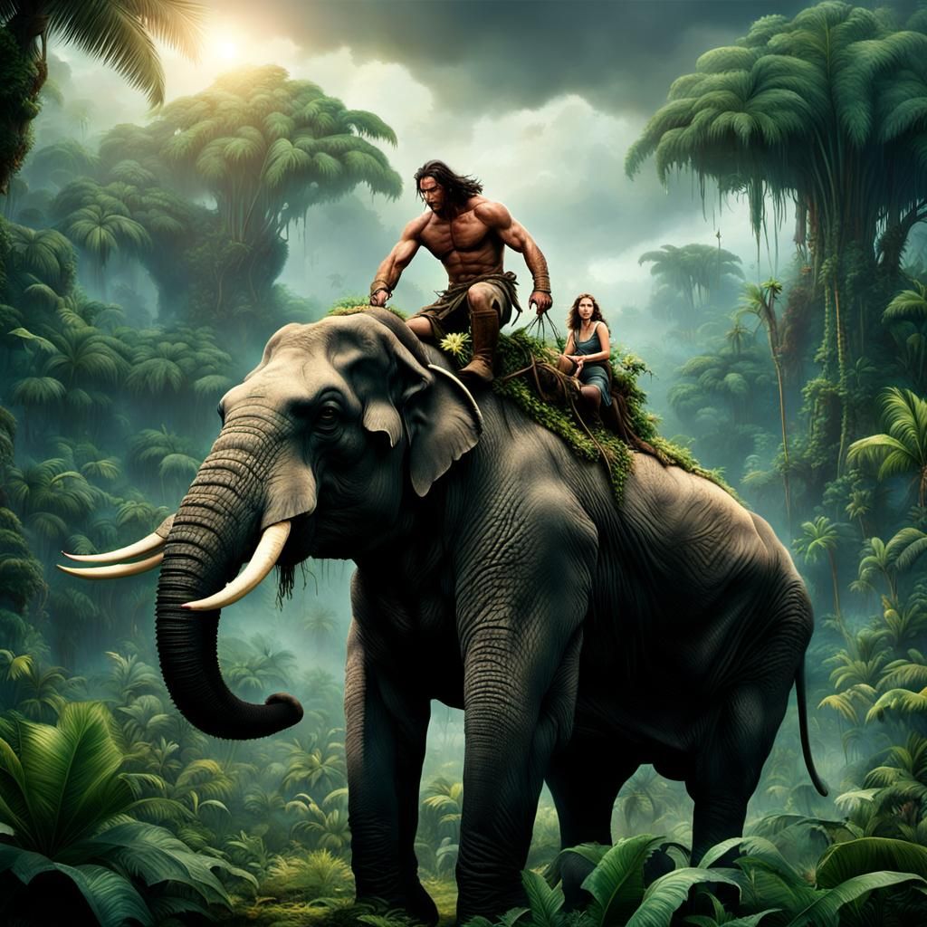 Tarzan Rides Elephant in Jungle Scene
