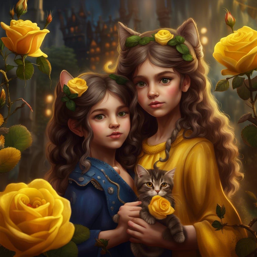 Fantasy Twin Girls with Cats and Yellow Roses