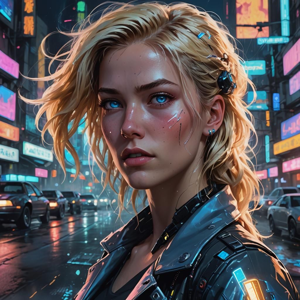 Cyberpunk Woman Smoking Tire in Neon Cityscape