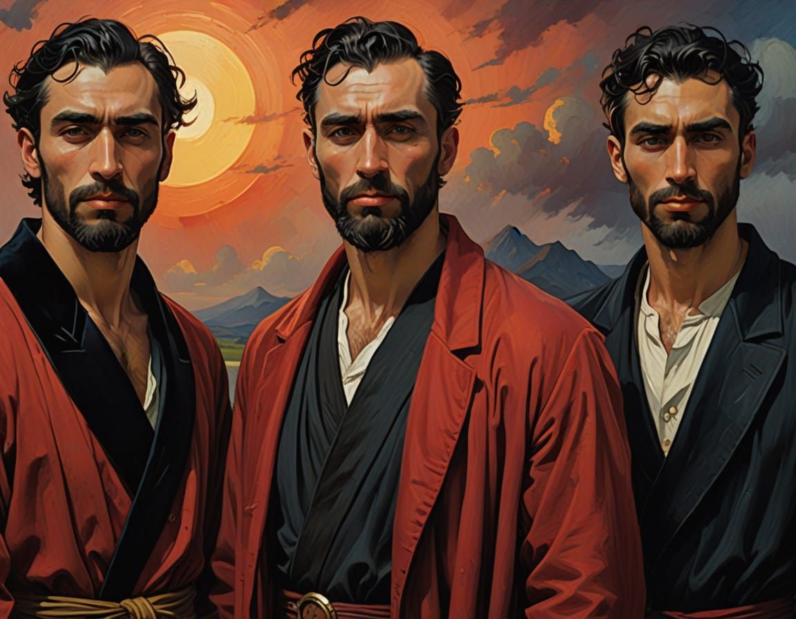 Elegant Masculine Trio in Velvet Robes