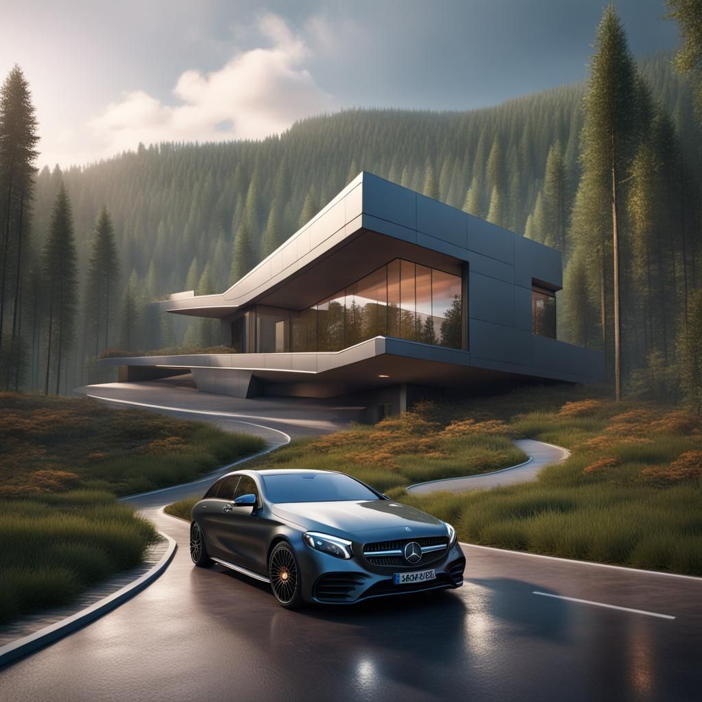 Modern House in Forest with Mercedes: Detailed Matte Paintin...