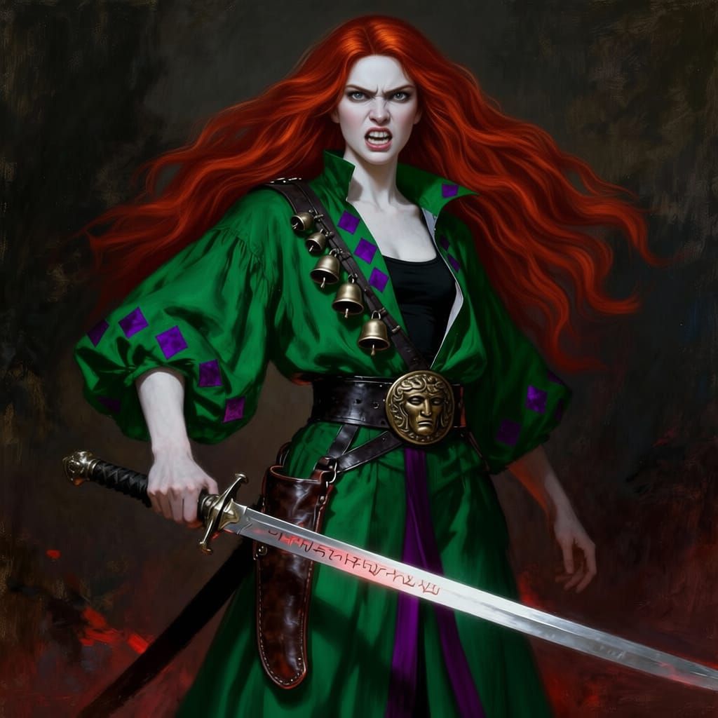 Woman with Fiery Red Hair and Emerald Green Dress