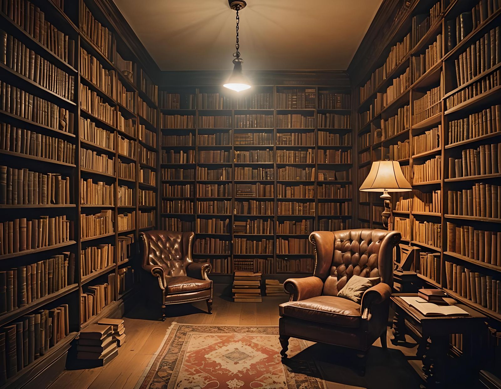 Serene Library Interior with Armchair and Soft Lighting