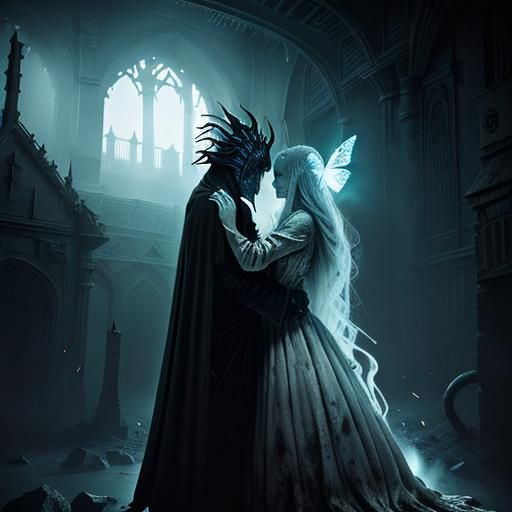 Haunting Castle Scene with Woman in White Dress