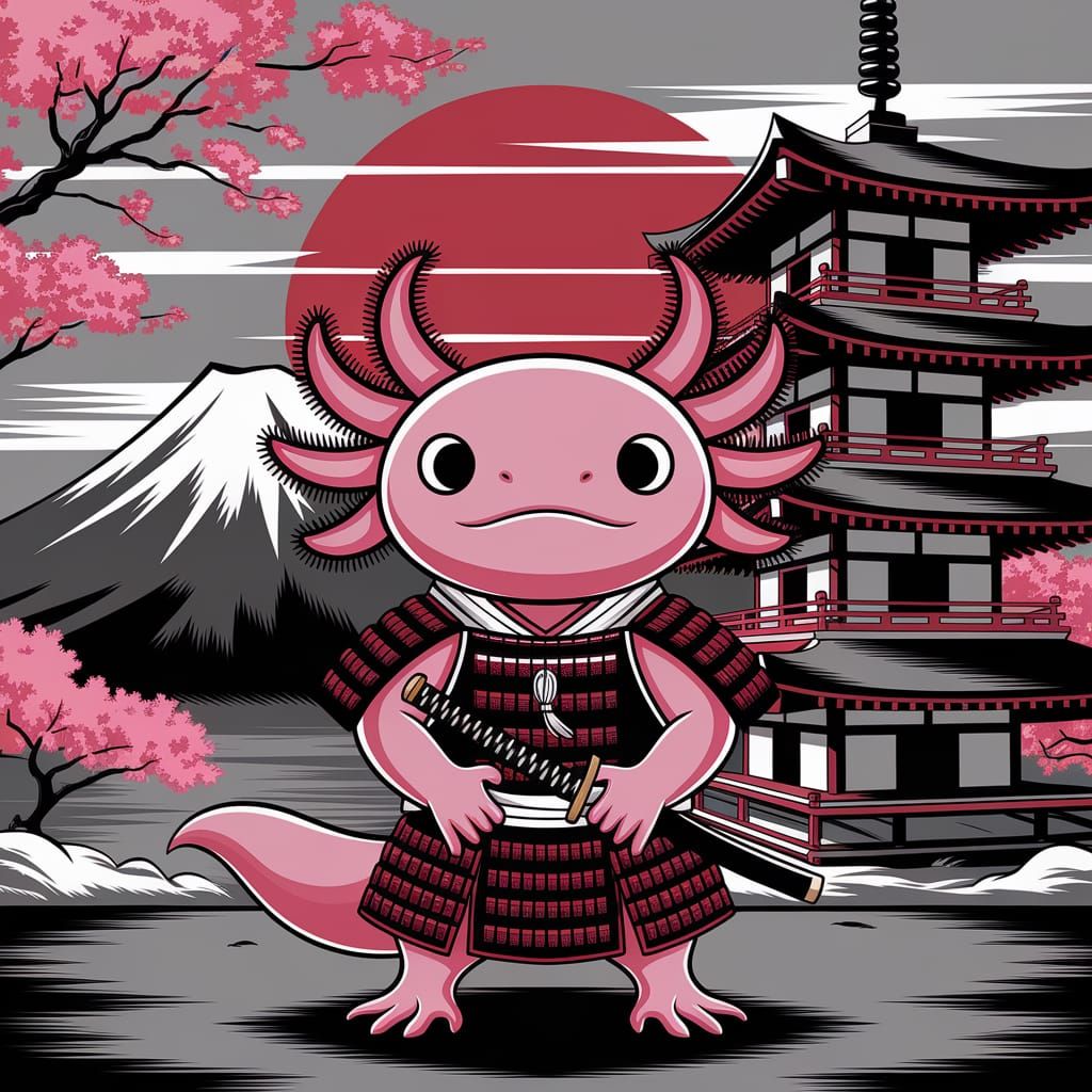 Axolotl Samurai Warrior with Mount Fuji Sunset