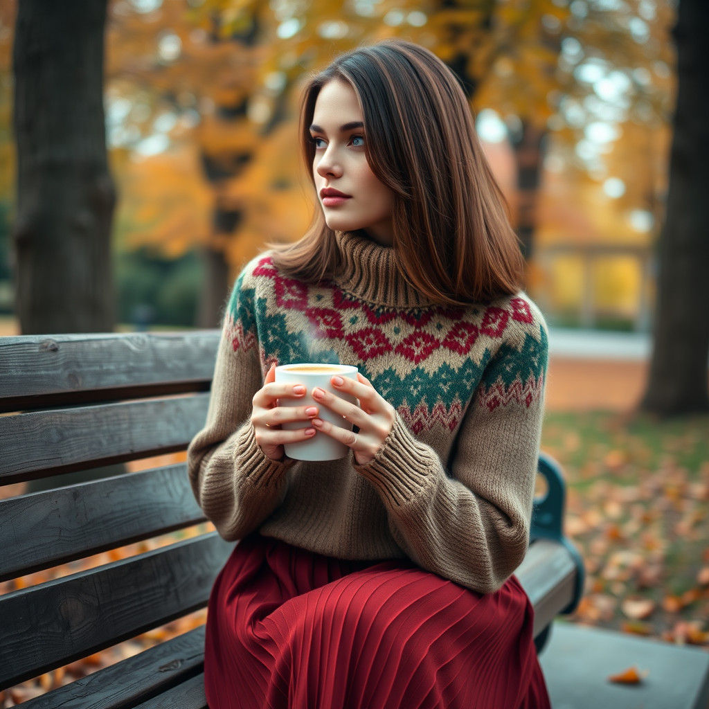Elegant Woman in Park, Fair Isle Sweater, Detailed Art