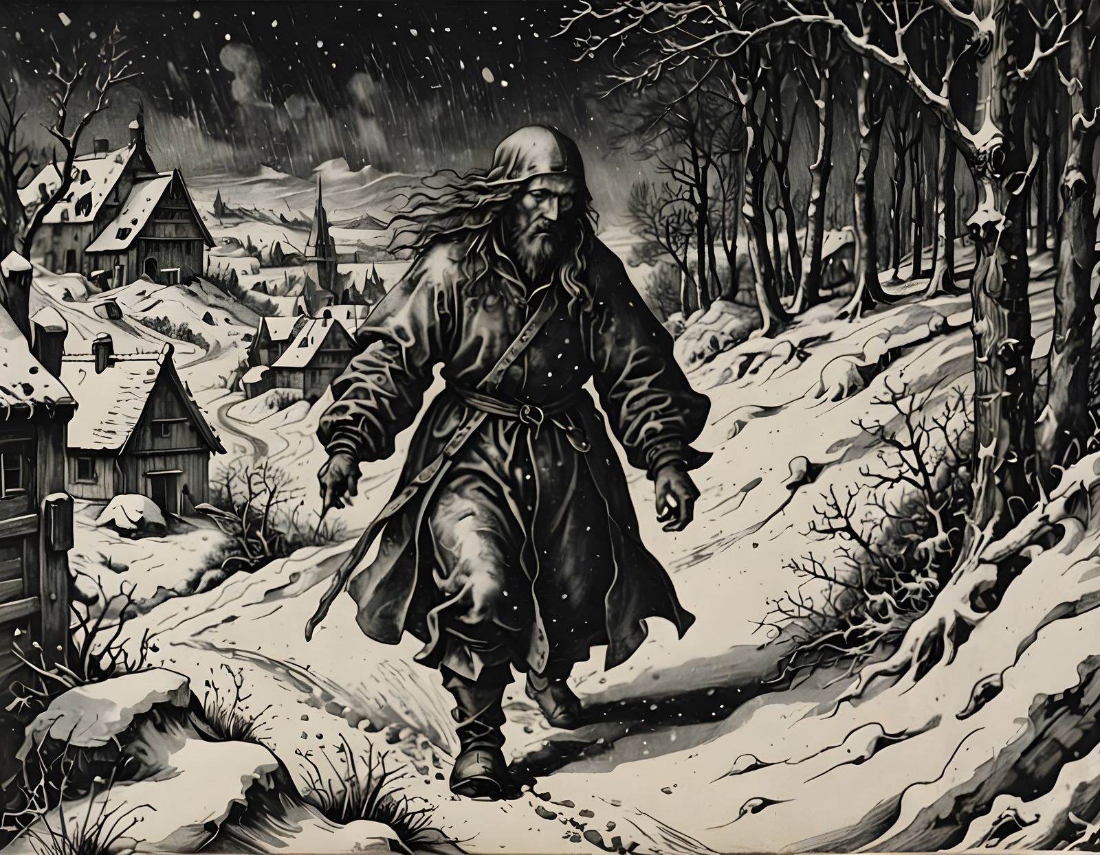 Shadowy Figure Silhouetted in Snowy Storm Landscape