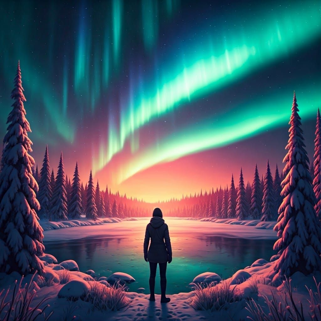 Frozen Lake beneath Aurora Borealis