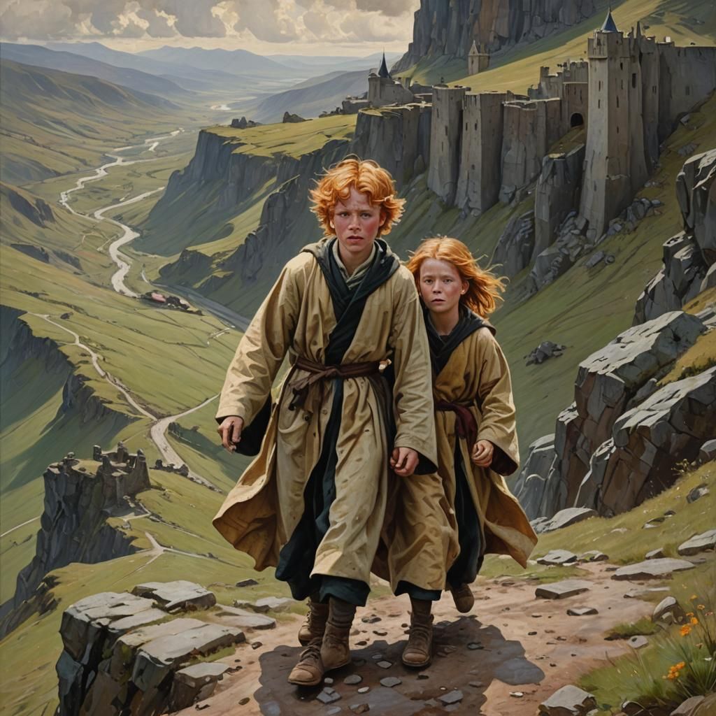 Ginger Siblings on Mountain Pass, Oil Painting Style