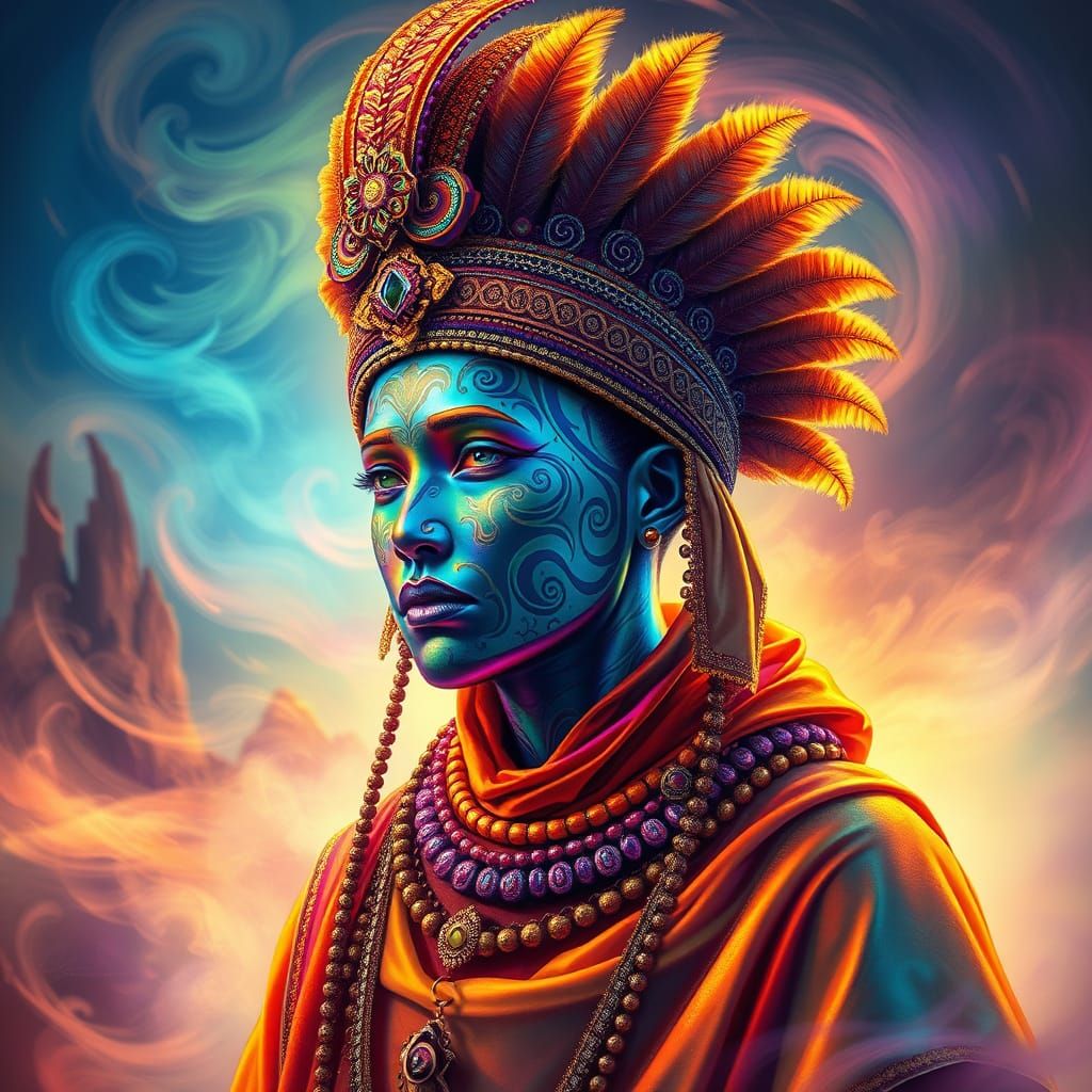 Surreal Tribal Figure in Iridescent Regalia, Set in a Dreaml...