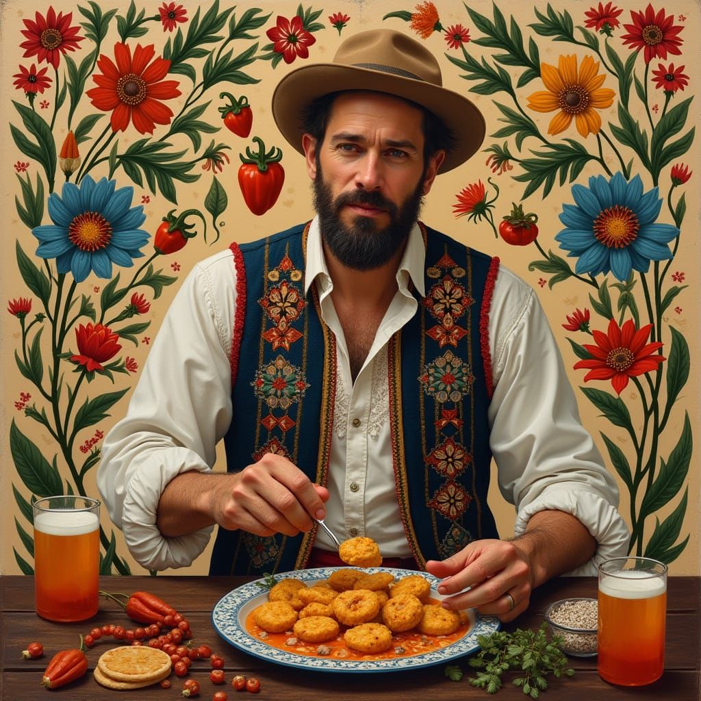 Hungarian Man Enjoying Traditional Gulasch in Folk Attire