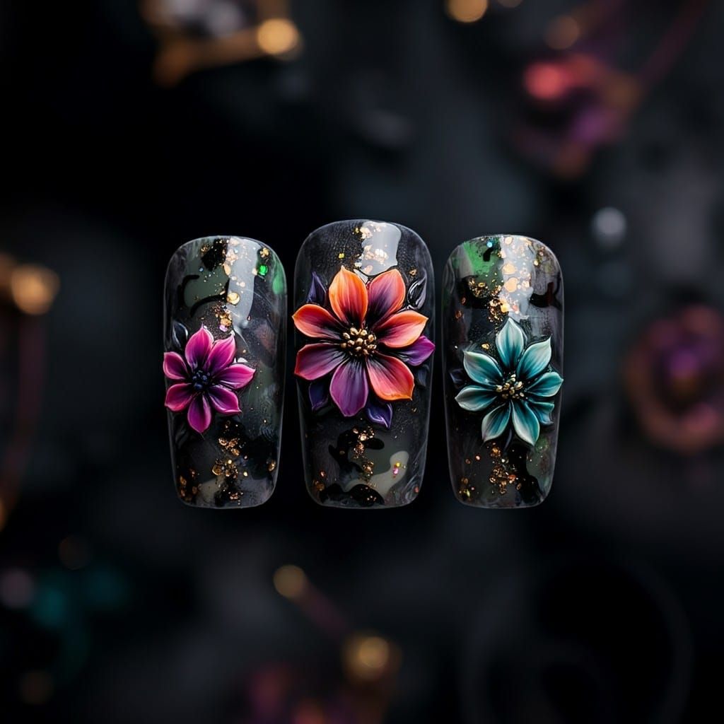 Dark Nail Art with 3D Floral Design