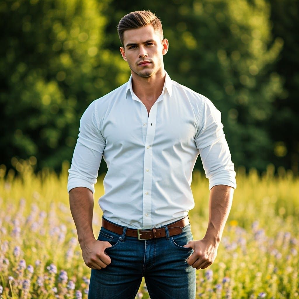 Chiseled Young Man in Serene Outdoor Setting
