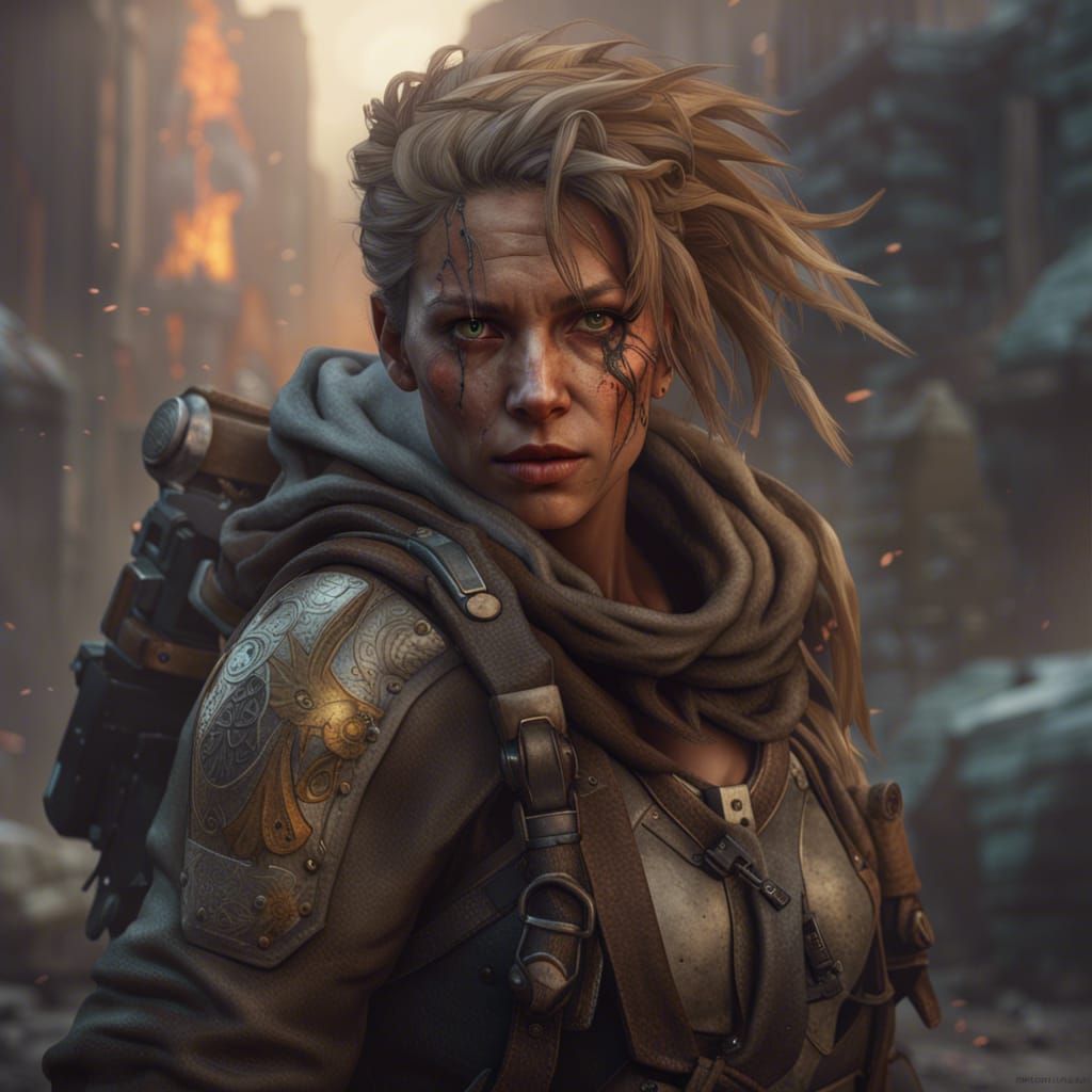 Post-Apocalyptic Female Warrior: Hyperdetailed Concept Art