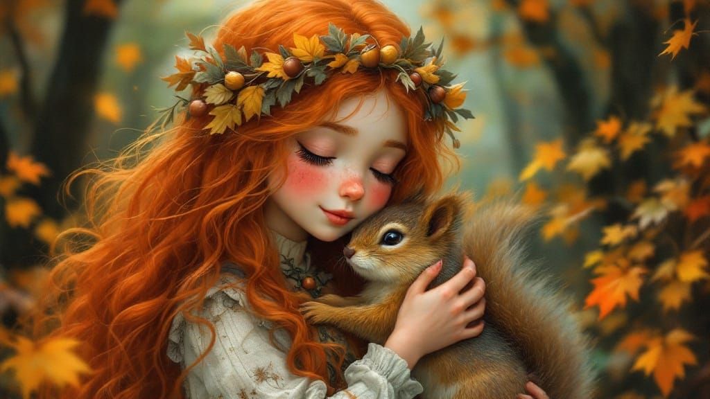 Girl with Leaf Crown Holds Squirrel in Autumn Forest