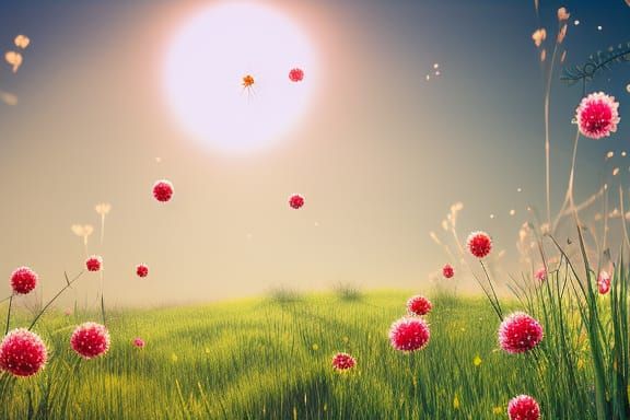 Vibrant Floral Meadow with Scattered Eggs in Watercolor
