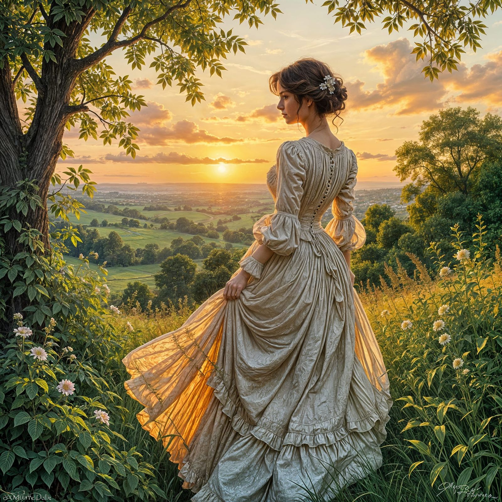Victorian Lady at Sunset: Ethereal Oil Painting