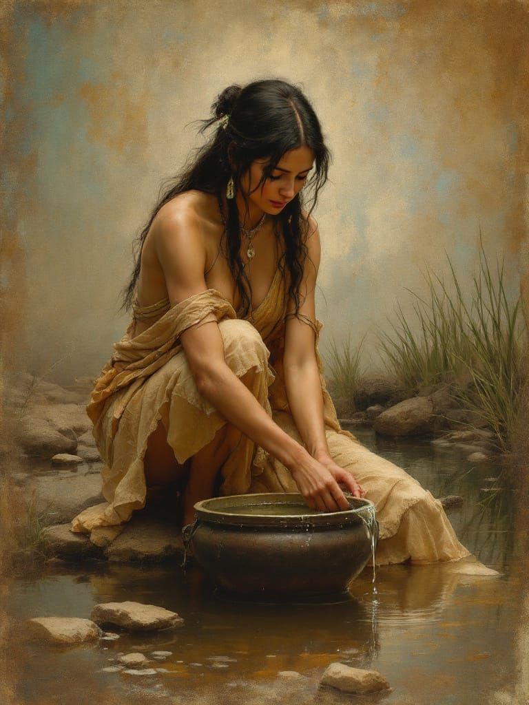 Native American Woman Fetching Water by Creek in Tonalist St...