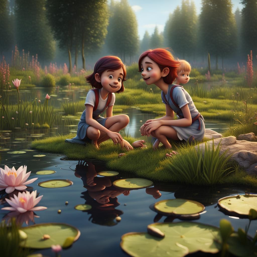 Pixar Style Cartoon of Children Playing by Pond