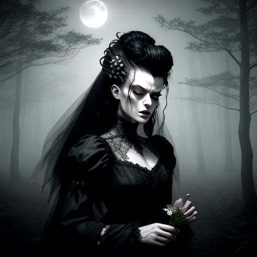 Frankenstein's Monster Mourns Bride in Glass Coffin