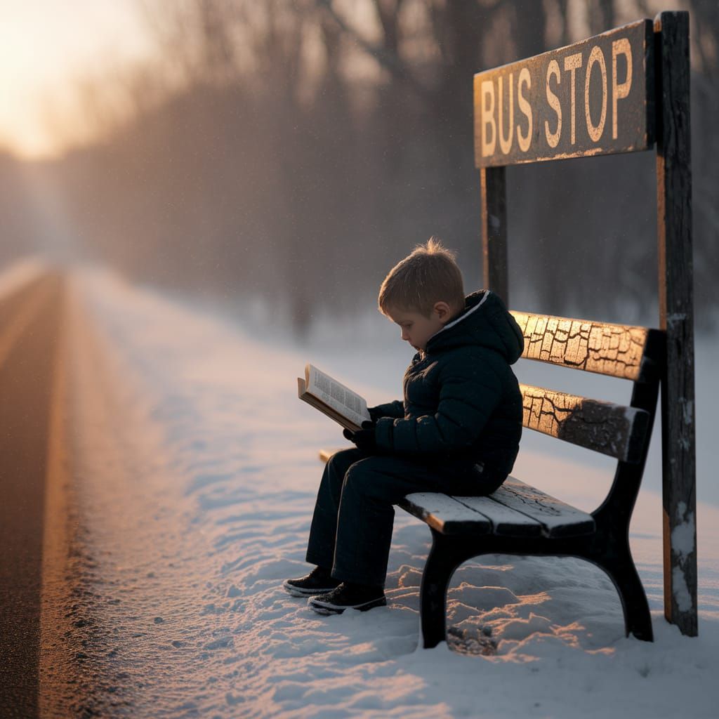 Boy Reads at Snowy Bus Stop in Golden Sunset