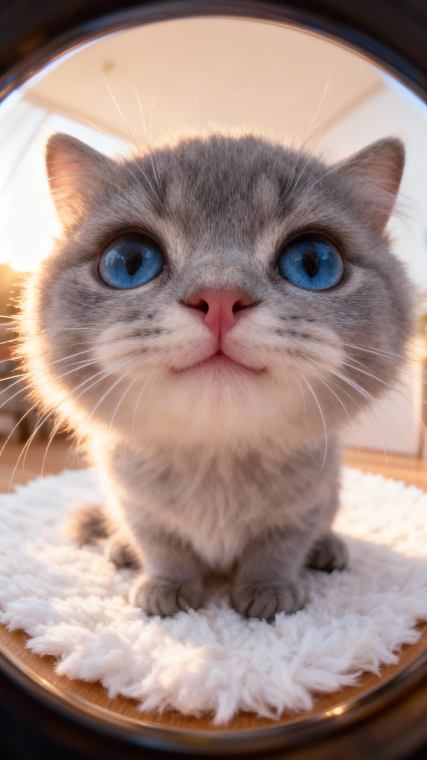 Cute Grey Kitten With Blue Eyes Photographed With Fisheye Le...