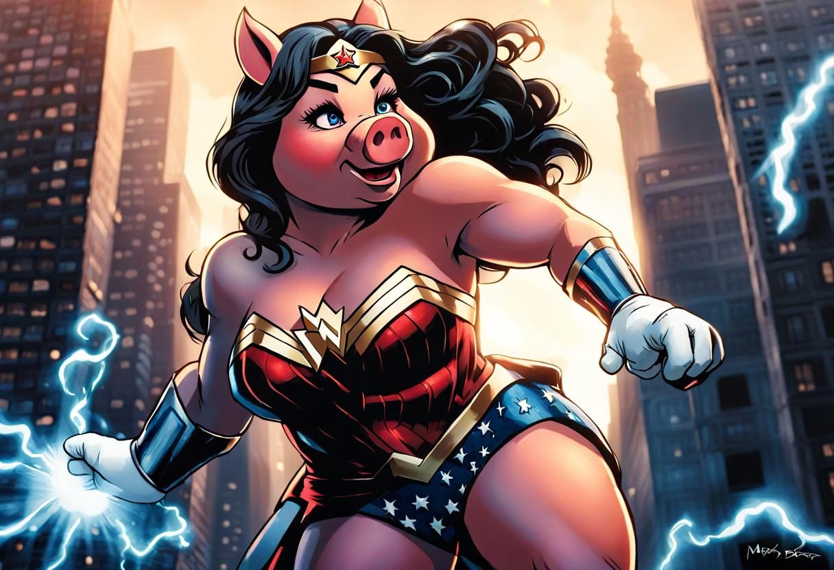Kaiju Miss Piggy as Wonder Woman Comic Art