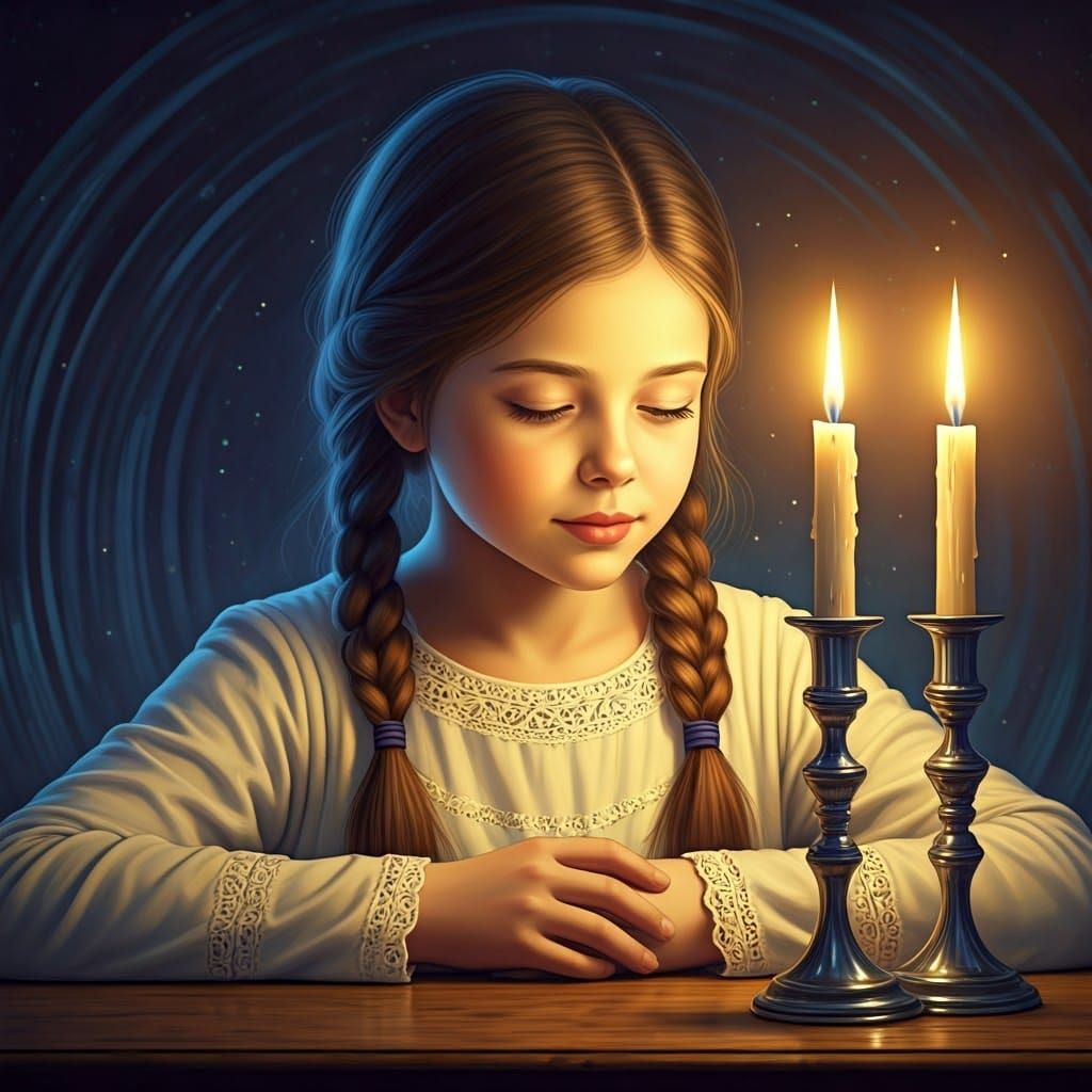Girl Gazing at Candlesticks in Dreamlike Illustration