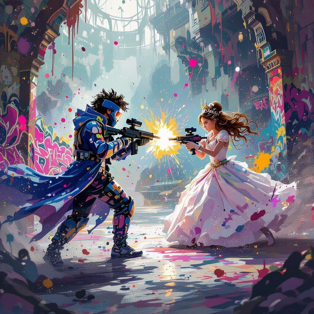 Prince and Princess Play Paintball in Dreamlike Arena