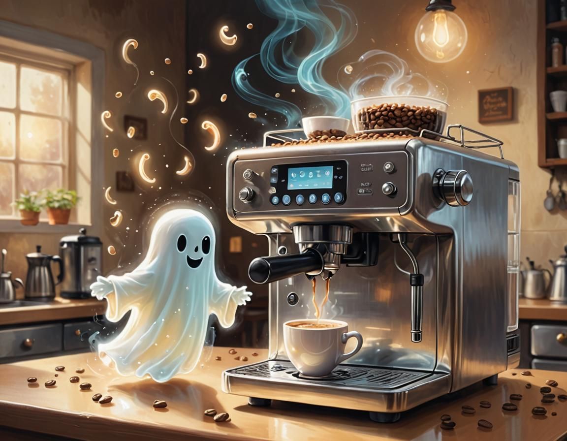 Cute Ghost Makes Coffee: Whimsical Fantasy Art