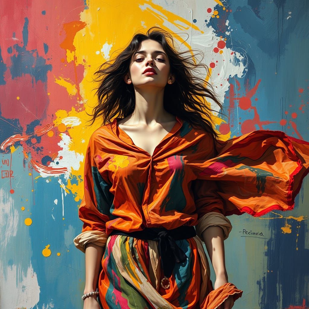 Woman in Flowing Colors: Abstract Expressionist Painting