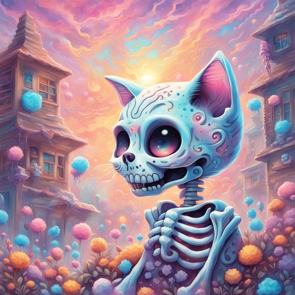 Kawaii Skeleton Cat Graffiti Art in Pastel Colors
