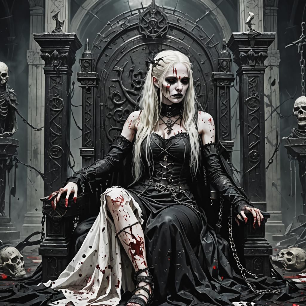 Gothic Woman on Throne in Demonic Temple