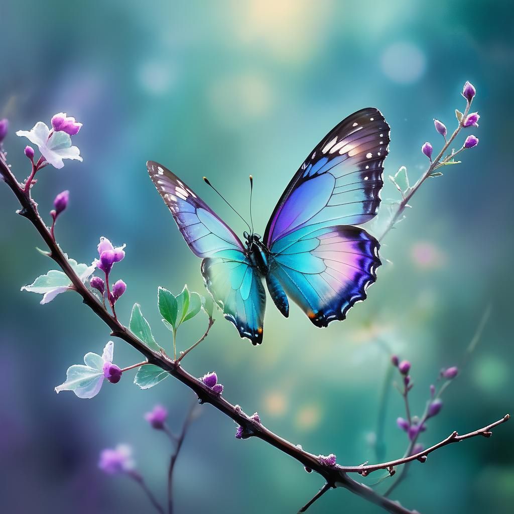 Magical Butterfly on Misty Branch in Watercolor Style