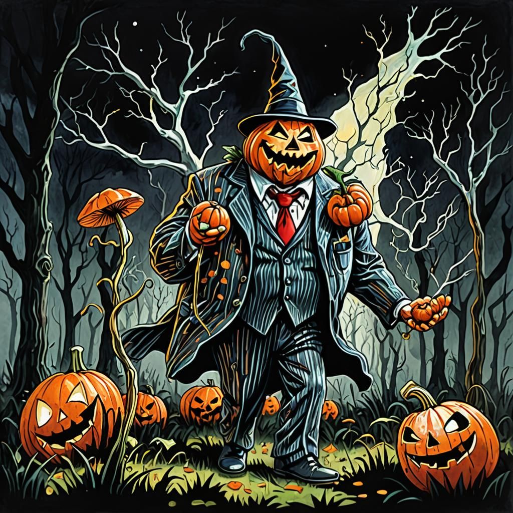 Surreal Horror: Man Harvesting Mushrooms in Zoot Suit