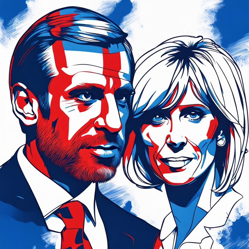 Macron Portrait in Tattoo Style with Inkbrush