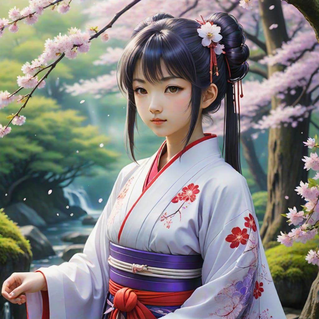 Ethereal Japanese Shrine Maiden in Traditional Attire