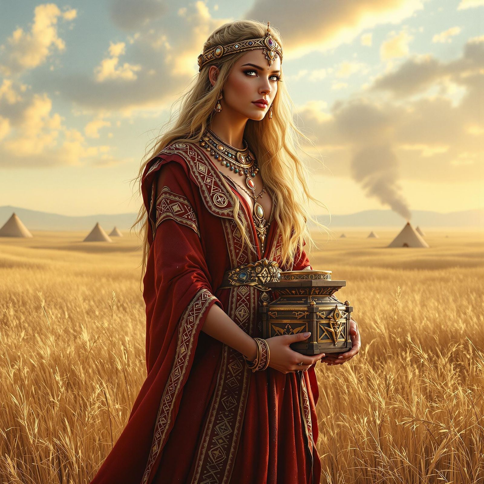 Majestic Bronze Age Sarmatian Priestess in Traditional Attir...