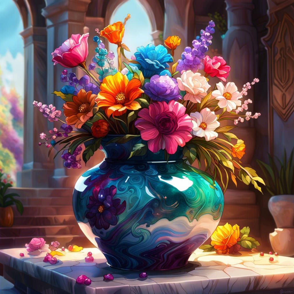 Crystal Flowers in Marble Vase, Photorealistic Art