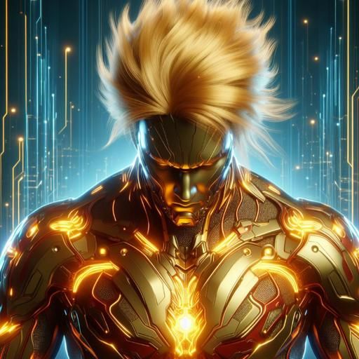 Golden Armored Man in Neon Cityscape