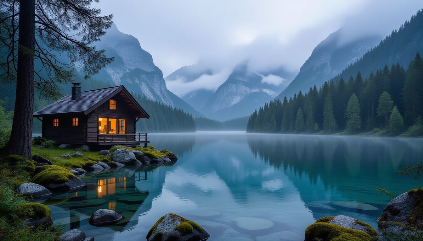 Serene Woodland Retreat at Dusk: Cozy Cabin by Alpine Lake