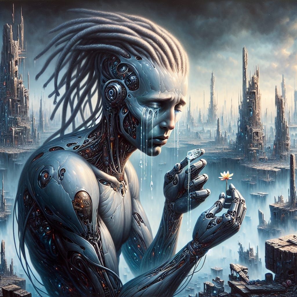 Gothic Android Weeping in Ruined City